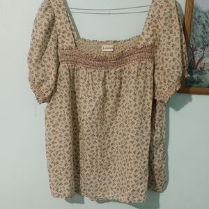 Lucky Brand Smocked Puff Sleeve Blouse in Tan and White